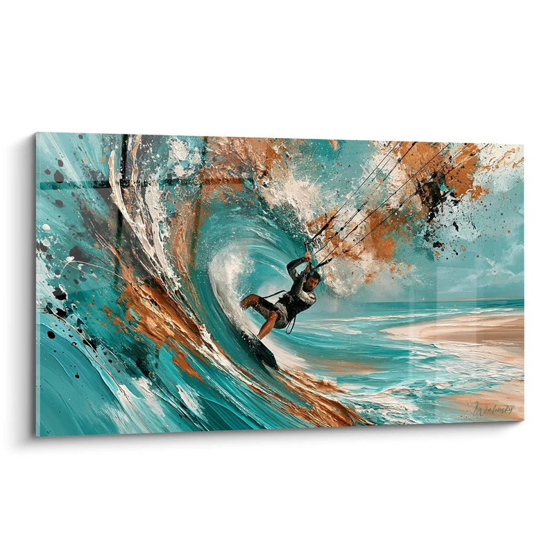 Tableau Kitesurfeur turquoise et cuivre dans le tube - Plage lointaine au loin - Edition Kite surf