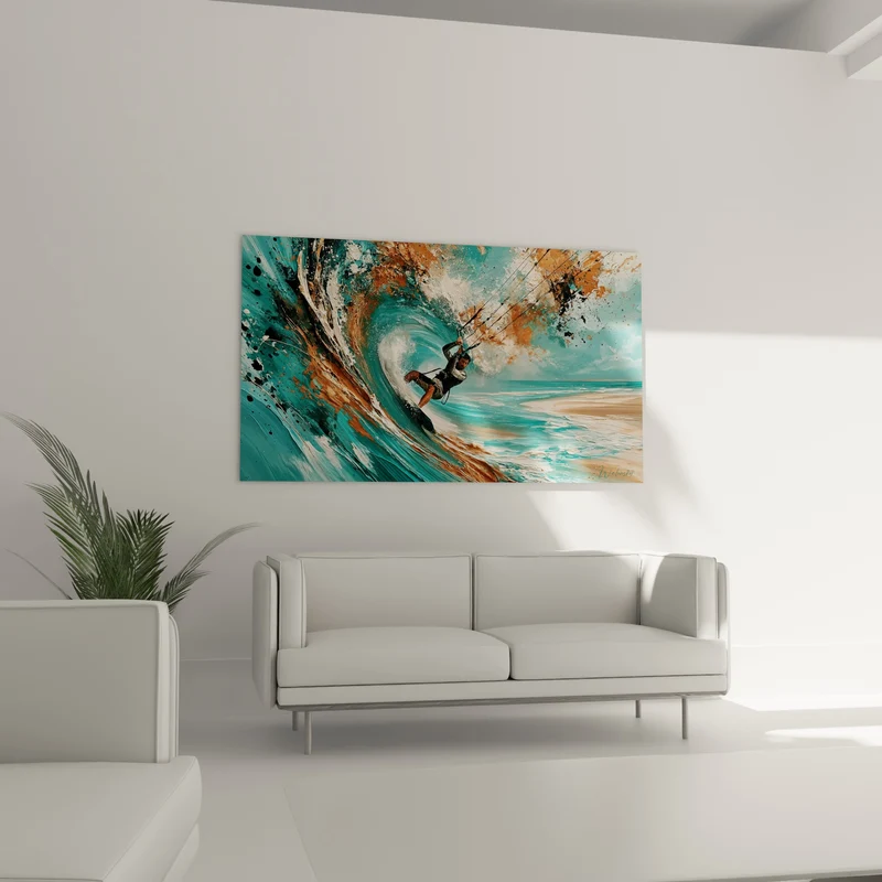 Tableau Kitesurfeur turquoise et cuivre dans le tube - Plage lointaine au loin - Edition Kite surf