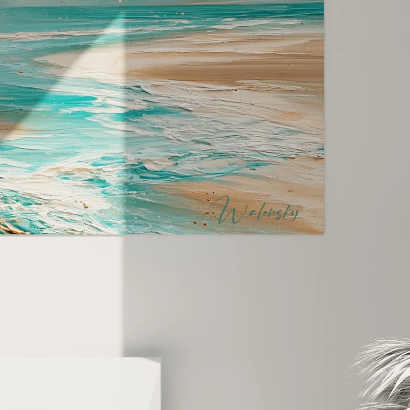Tableau Kitesurfeur turquoise et cuivre dans le tube - Plage lointaine au loin - Edition Kite surf