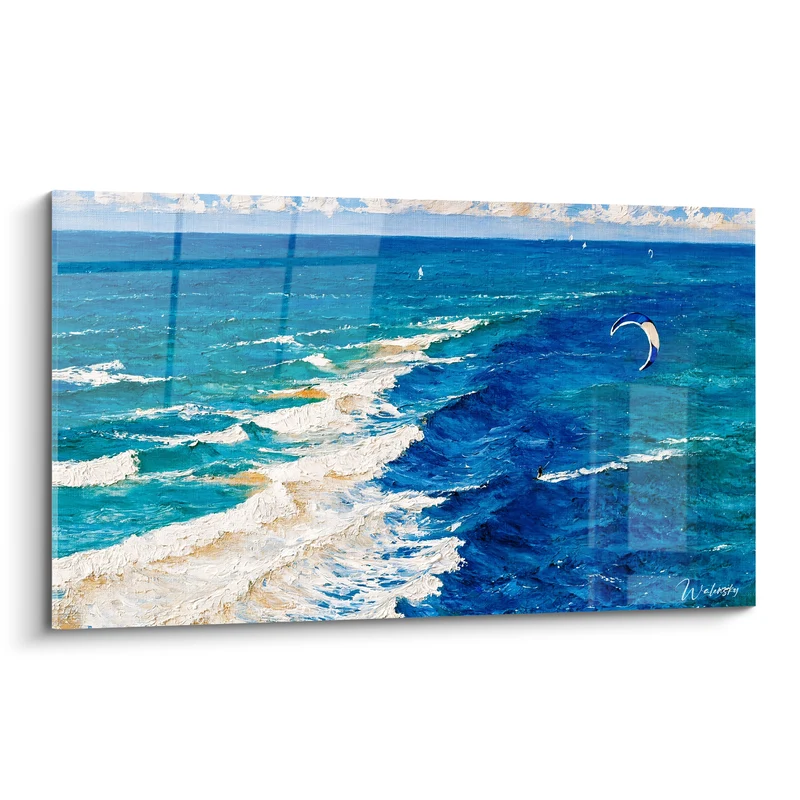 Tableau Kitesurfeur minuscule sur mer turquoise et bleu profond - Voiliers à l'horizon - Edition Kite surf