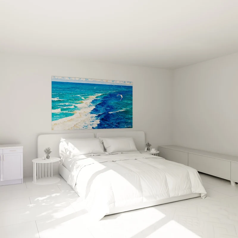 Tableau Kitesurfeur minuscule sur mer turquoise et bleu profond - Voiliers à l'horizon - Edition Kite surf