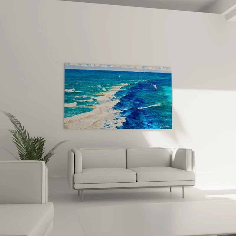 Tableau Kitesurfeur minuscule sur mer turquoise et bleu profond - Voiliers à l'horizon - Edition Kite surf