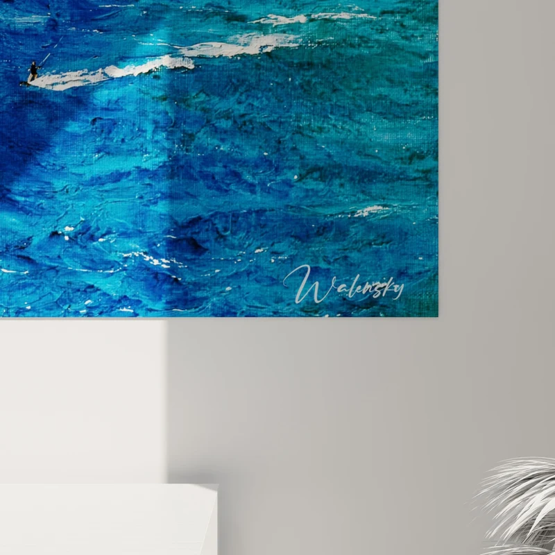 Tableau Kitesurfeur minuscule sur mer turquoise et bleu profond - Voiliers à l'horizon - Edition Kite surf