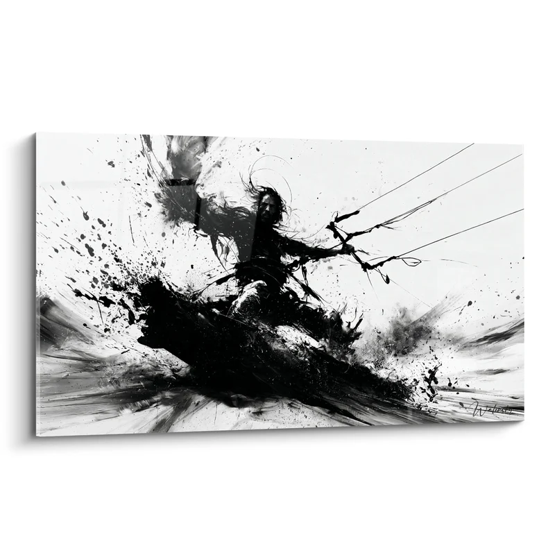 Tableau Kitesurfeur noir et blanc en encre projetée - Cheveux longs au vent - Edition Kite surf
