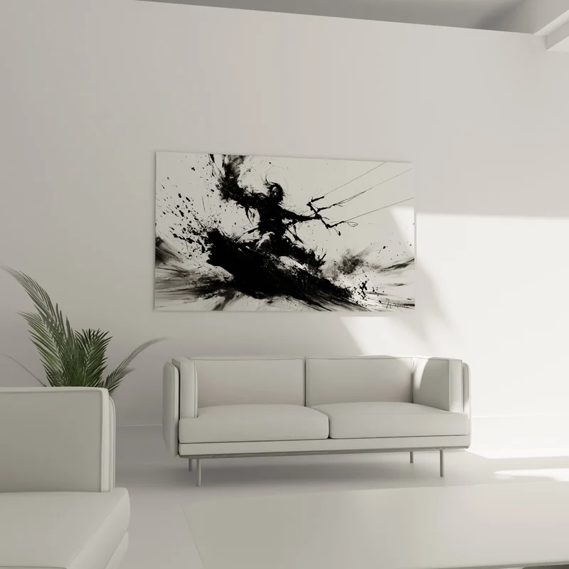 Tableau Kitesurfeur noir et blanc en encre projetée - Cheveux longs au vent - Edition Kite surf
