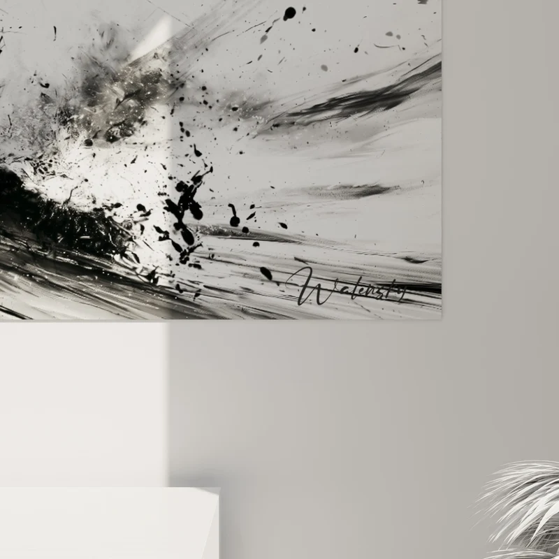Tableau Kitesurfeur noir et blanc en encre projetée - Cheveux longs au vent - Edition Kite surf