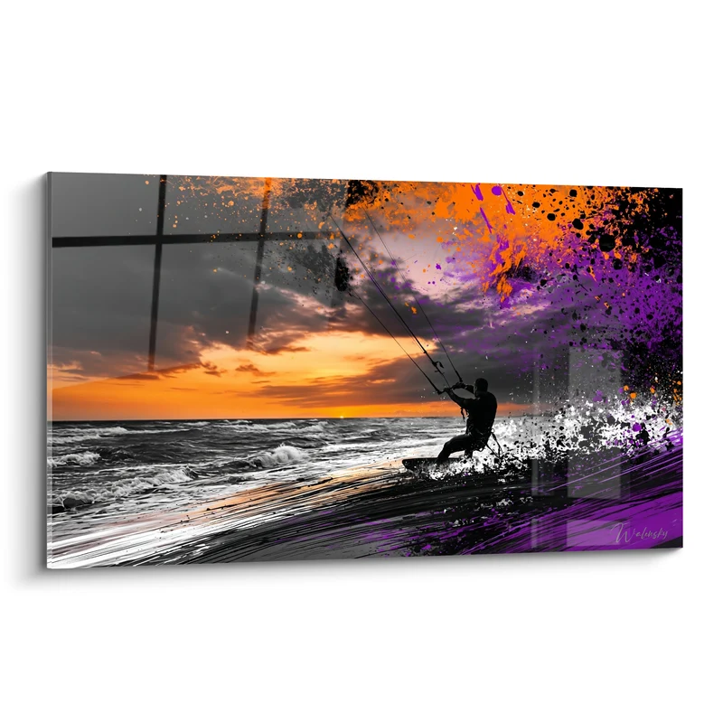Tableau Kitesurfeur silhouette orange et violet - Explosion au crépuscule - Edition Kite surf