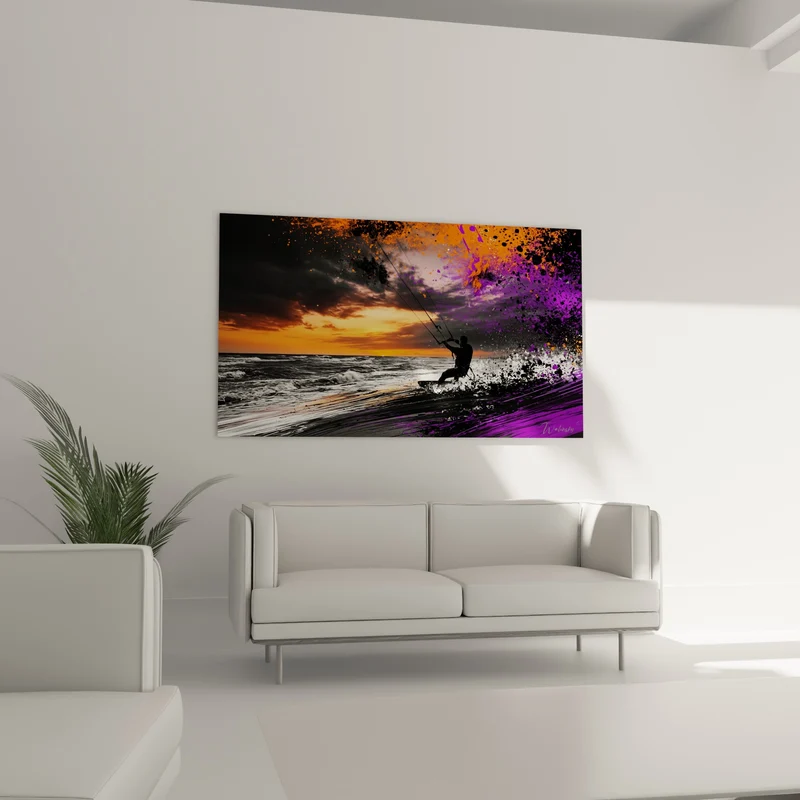 Tableau Kitesurfeur silhouette orange et violet - Explosion au crépuscule - Edition Kite surf