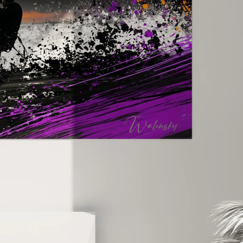 Tableau Kitesurfeur silhouette orange et violet - Explosion au crépuscule - Edition Kite surf