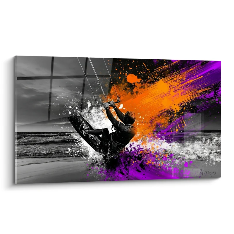 Tableau Kitesurfeur silhouette noire éclaboussures orange et violettes - Planche sur écume blanche - Edition Kite surf
