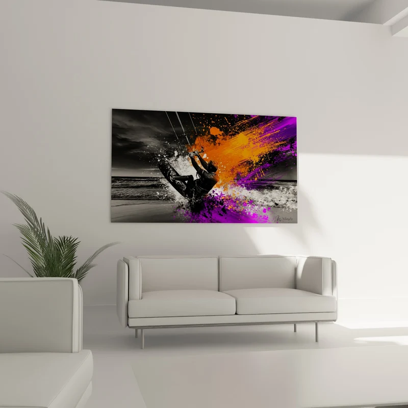 Tableau Kitesurfeur silhouette noire éclaboussures orange et violettes - Planche sur écume blanche - Edition Kite surf