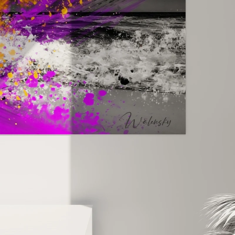 Tableau Kitesurfeur silhouette noire éclaboussures orange et violettes - Planche sur écume blanche - Edition Kite surf