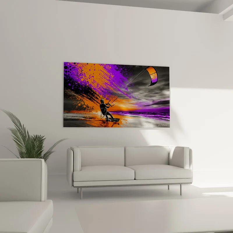 Tableau Kitesurfeur explosion violette et orange sur écume - Ciel strié de nuages - Edition Kite surf