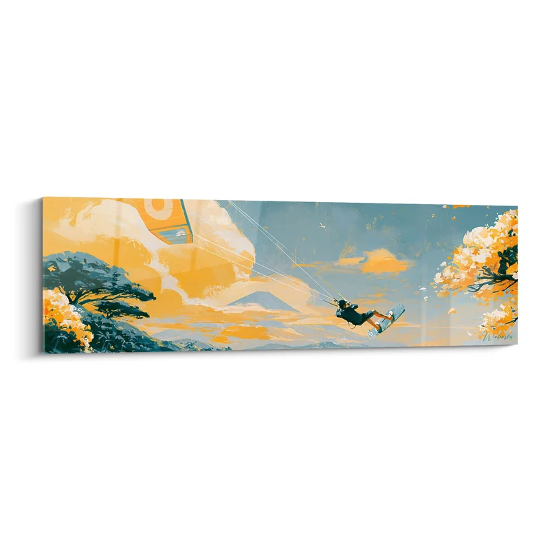 Tableau Kitesurfeur silhouette noire ciel orange et bleu - Volcan lointain entre nuages - Edition Kite surf