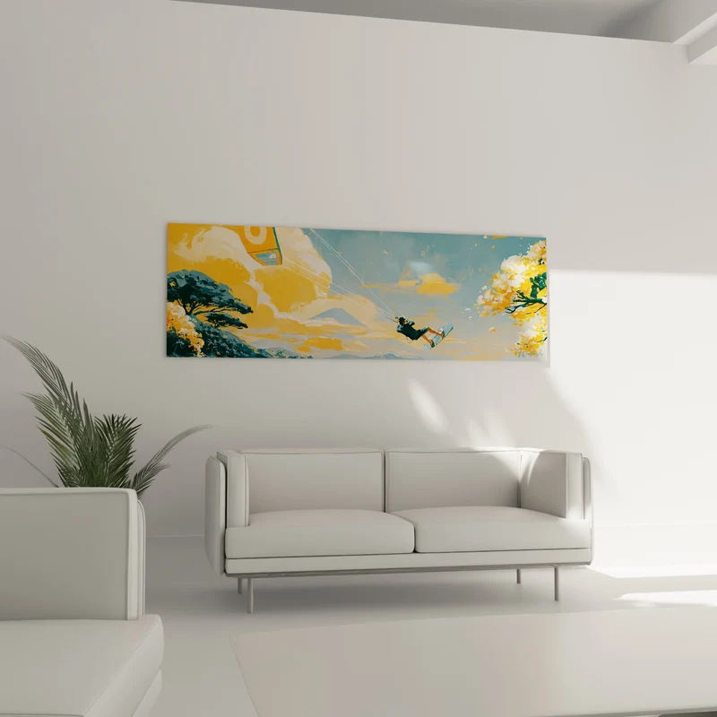 Tableau Kitesurfeur silhouette noire ciel orange et bleu - Volcan lointain entre nuages - Edition Kite surf