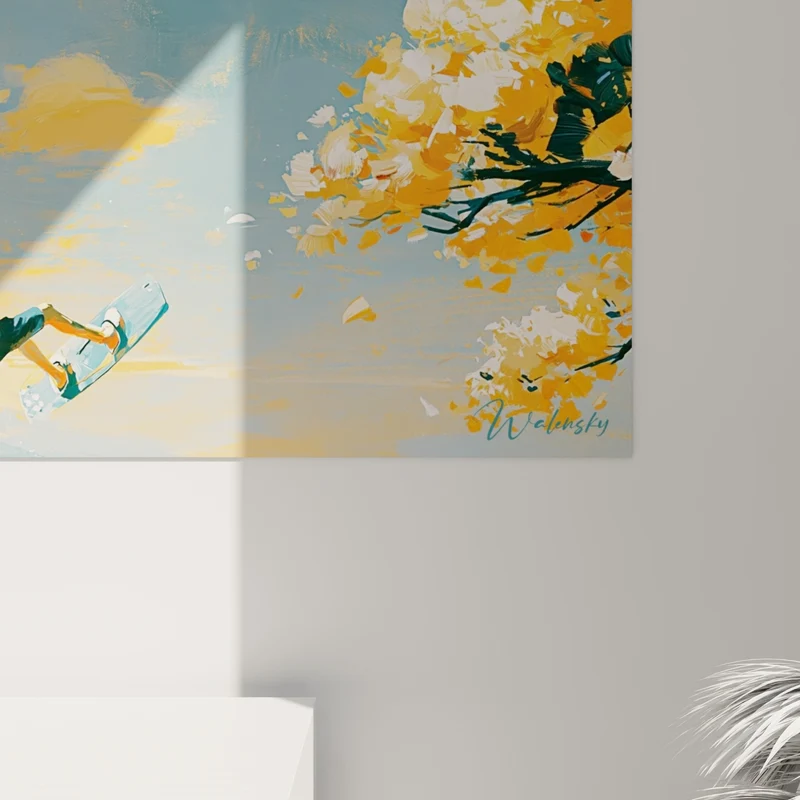 Tableau Kitesurfeur silhouette noire ciel orange et bleu - Volcan lointain entre nuages - Edition Kite surf