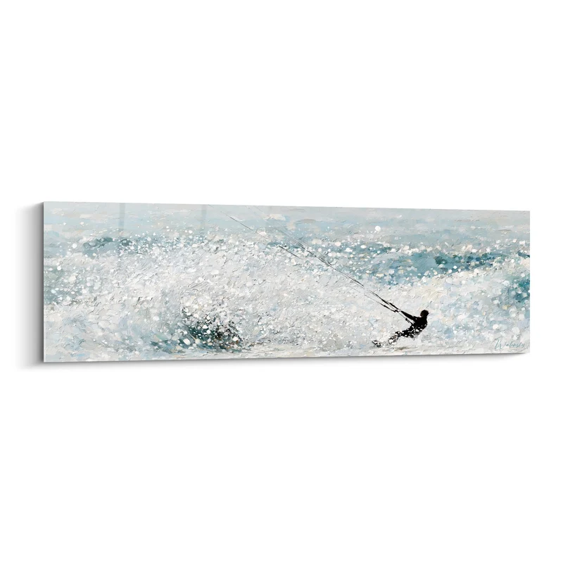 Tableau Kitesurfeur silhouette noire sur écume blanche - Sillage fulgurant - Edition Kite surf