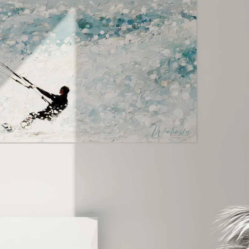 Tableau Kitesurfeur silhouette noire sur écume blanche - Sillage fulgurant - Edition Kite surf