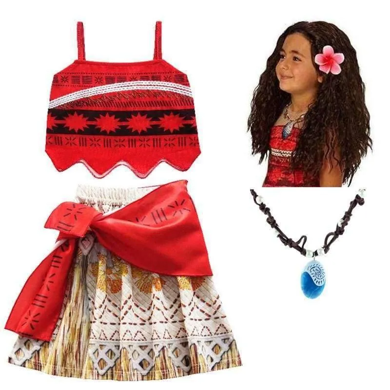 Kinder Mädchen Prinzessin Partykleid Moana Abenteuer Elsa Kleidung Mädchen Kleid Set mit Perücke und Halskette Baby Vaiana Cosplay Kleidung