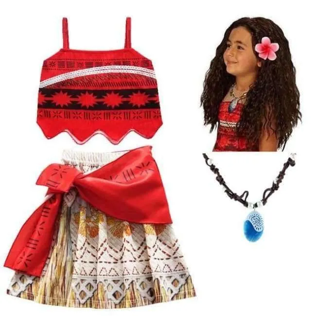 Kinder Mädchen Prinzessin Partykleid Moana Abenteuer Elsa Kleidung Mädchen Kleid Set mit Perücke und Halskette Baby Vaiana Cosplay Kleidung