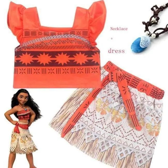 Kinder Mädchen Prinzessin Partykleid Moana Abenteuer Elsa Kleidung Mädchen Kleid Set mit Perücke und Halskette Baby Vaiana Cosplay Kleidung