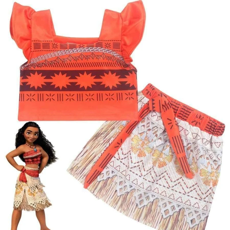 Kinder Mädchen Prinzessin Partykleid Moana Abenteuer Elsa Kleidung Mädchen Kleid Set mit Perücke und Halskette Baby Vaiana Cosplay Kleidung
