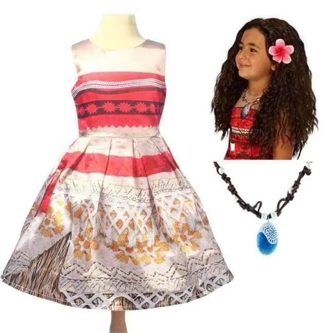 Kinder Mädchen Prinzessin Partykleid Moana Abenteuer Elsa Kleidung Mädchen Kleid Set mit Perücke und Halskette Baby Vaiana Cosplay Kleidung