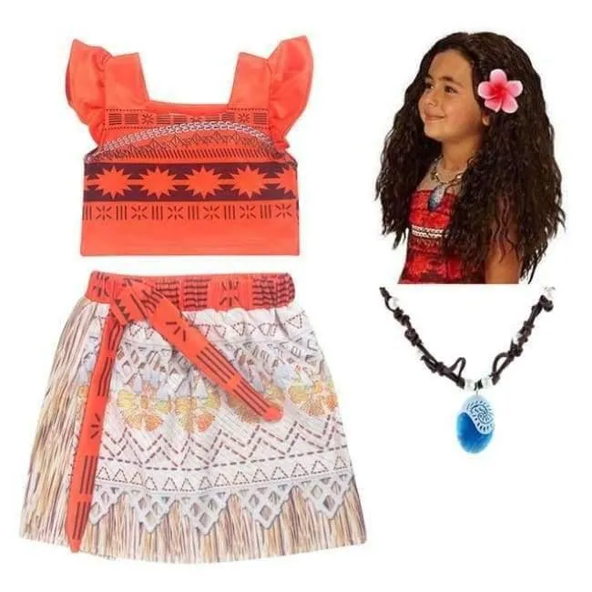 Kinder Mädchen Prinzessin Partykleid Moana Abenteuer Elsa Kleidung Mädchen Kleid Set mit Perücke und Halskette Baby Vaiana Cosplay Kleidung