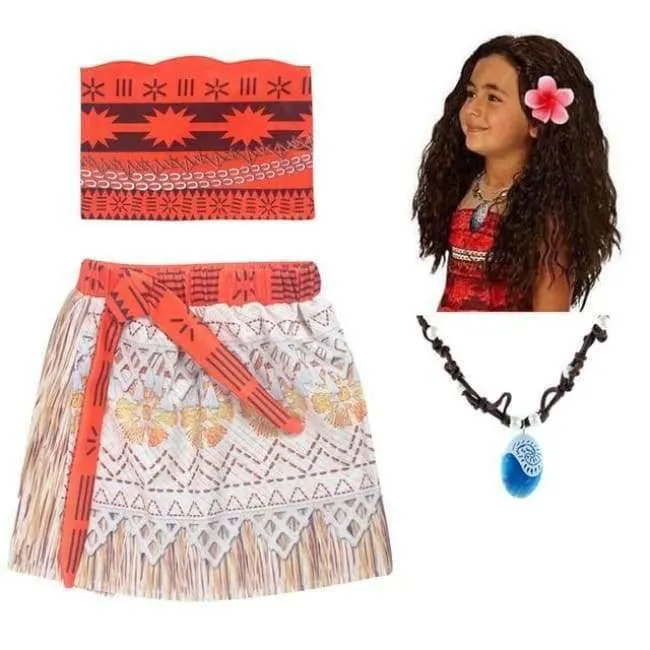 Kinder Mädchen Prinzessin Partykleid Moana Abenteuer Elsa Kleidung Mädchen Kleid Set mit Perücke und Halskette Baby Vaiana Cosplay Kleidung