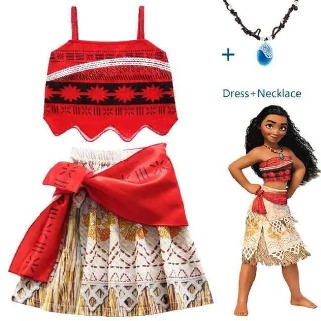 Kinder Mädchen Prinzessin Partykleid Moana Abenteuer Elsa Kleidung Mädchen Kleid Set mit Perücke und Halskette Baby Vaiana Cosplay Kleidung