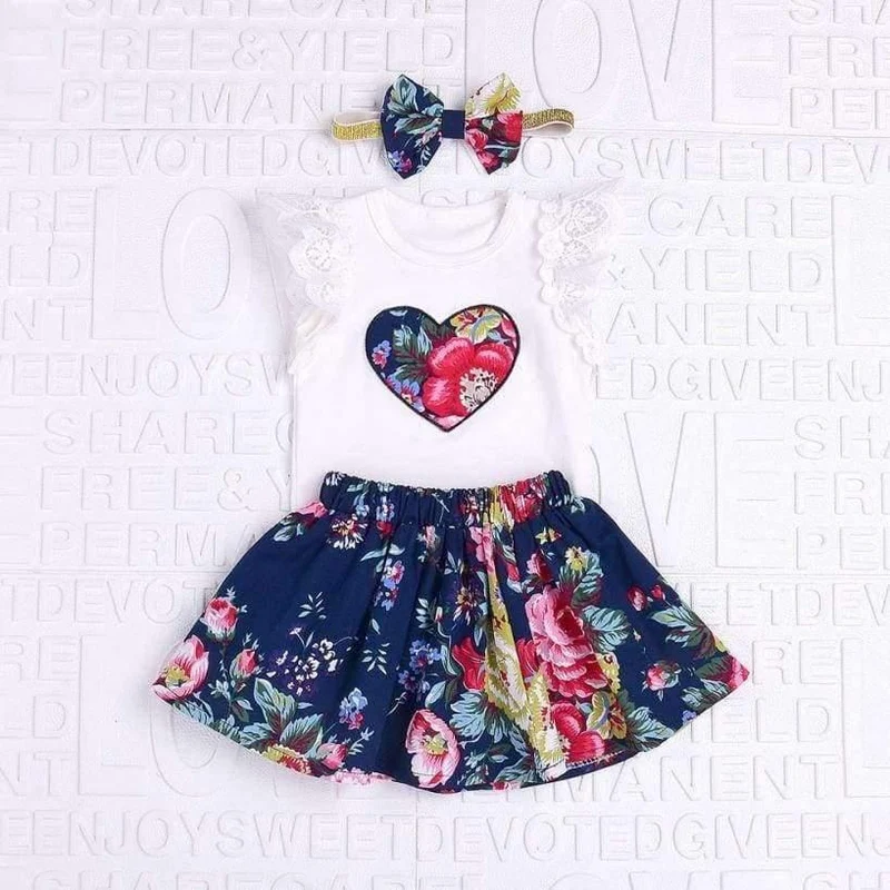 Sommer 3 Stücke Baby Mädchen Blumendruck kurzarm Spitzenoberteile mit Rock und stirnband Outfits Set Baby Kleidung GB2