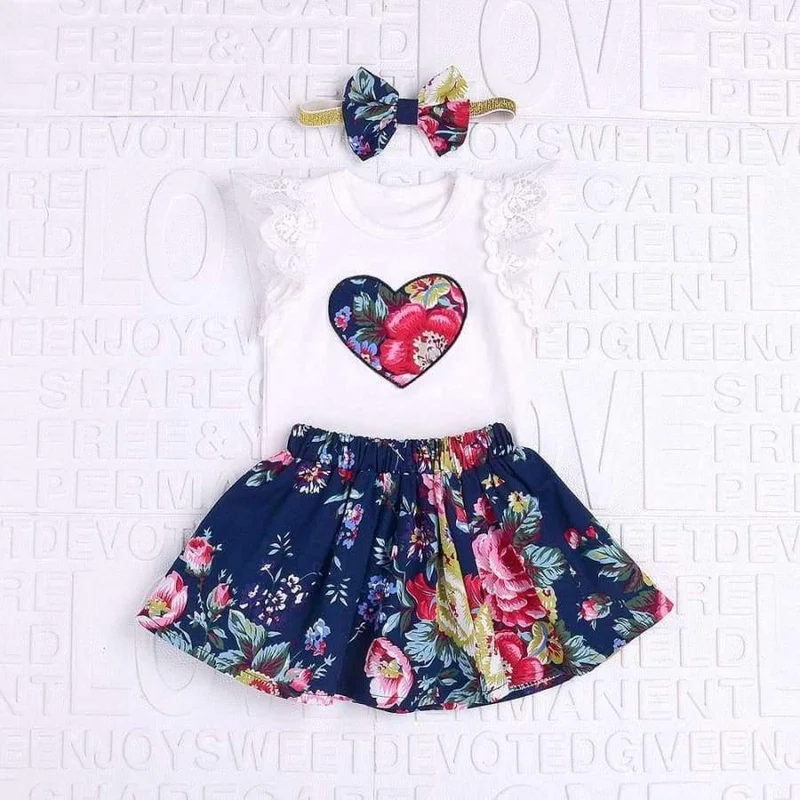 Sommer 3 Stücke Baby Mädchen Blumendruck kurzarm Spitzenoberteile mit Rock und stirnband Outfits Set Baby Kleidung GB2