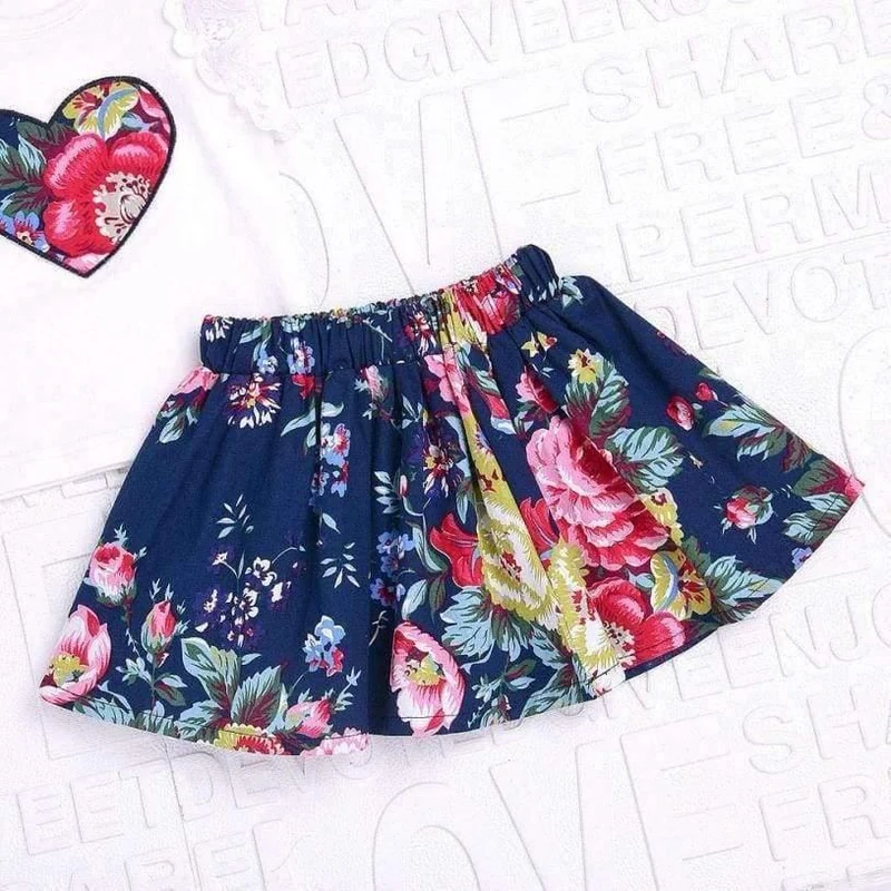 Sommer 3 Stücke Baby Mädchen Blumendruck kurzarm Spitzenoberteile mit Rock und stirnband Outfits Set Baby Kleidung GB2