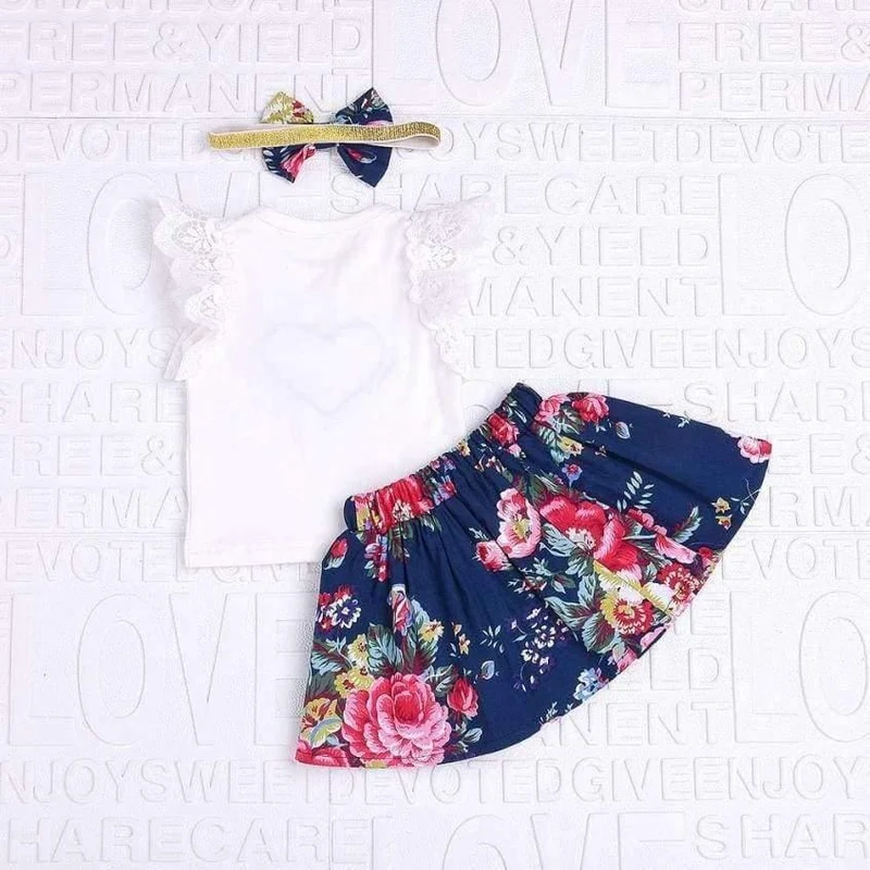 Sommer 3 Stücke Baby Mädchen Blumendruck kurzarm Spitzenoberteile mit Rock und stirnband Outfits Set Baby Kleidung GB2