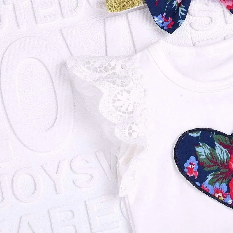 Sommer 3 Stücke Baby Mädchen Blumendruck kurzarm Spitzenoberteile mit Rock und stirnband Outfits Set Baby Kleidung GB2