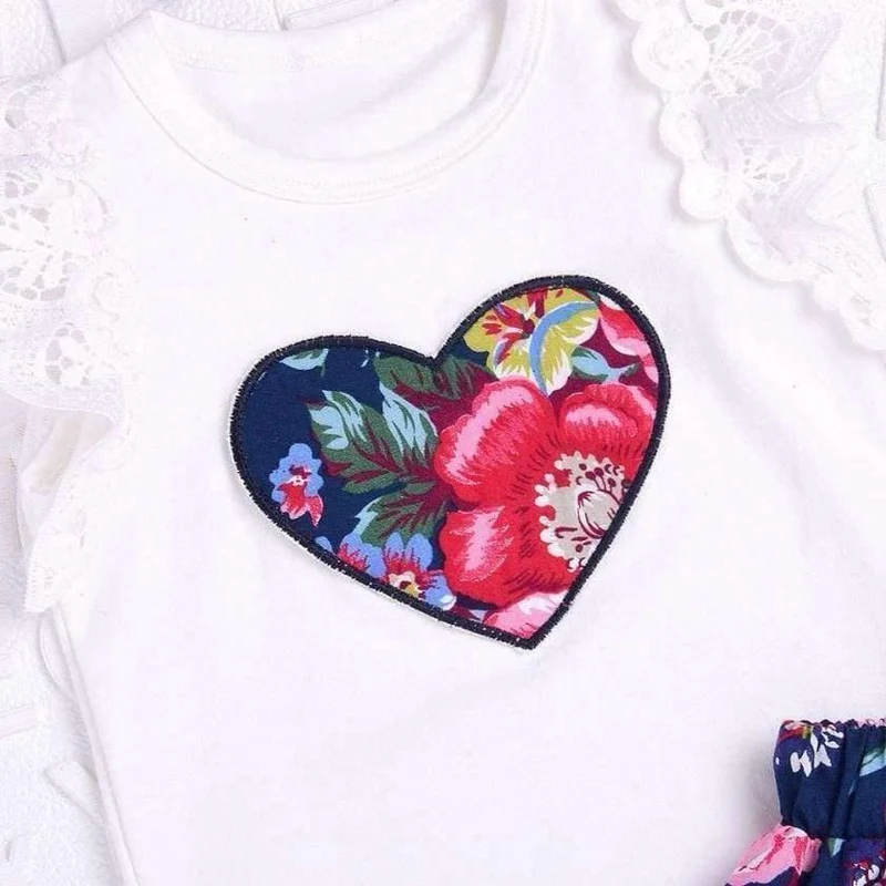 Sommer 3 Stücke Baby Mädchen Blumendruck kurzarm Spitzenoberteile mit Rock und stirnband Outfits Set Baby Kleidung GB2