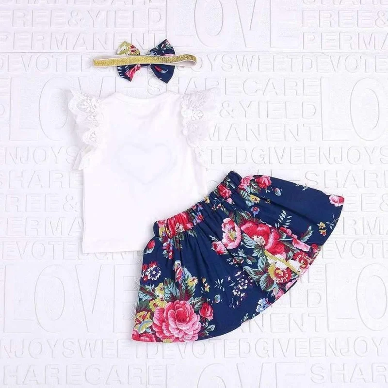 Sommer 3 Stücke Baby Mädchen Blumendruck kurzarm Spitzenoberteile mit Rock und stirnband Outfits Set Baby Kleidung GB2
