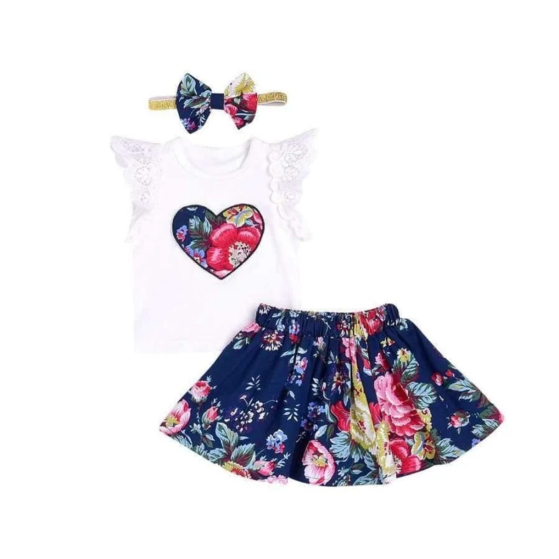Sommer 3 Stücke Baby Mädchen Blumendruck kurzarm Spitzenoberteile mit Rock und stirnband Outfits Set Baby Kleidung GB2
