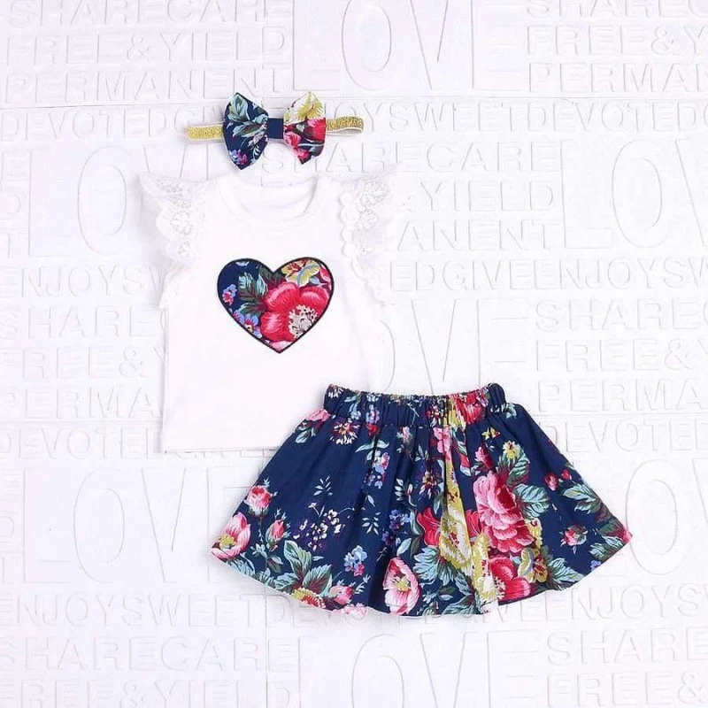 Sommer 3 Stücke Baby Mädchen Blumendruck kurzarm Spitzenoberteile mit Rock und stirnband Outfits Set Baby Kleidung GB2