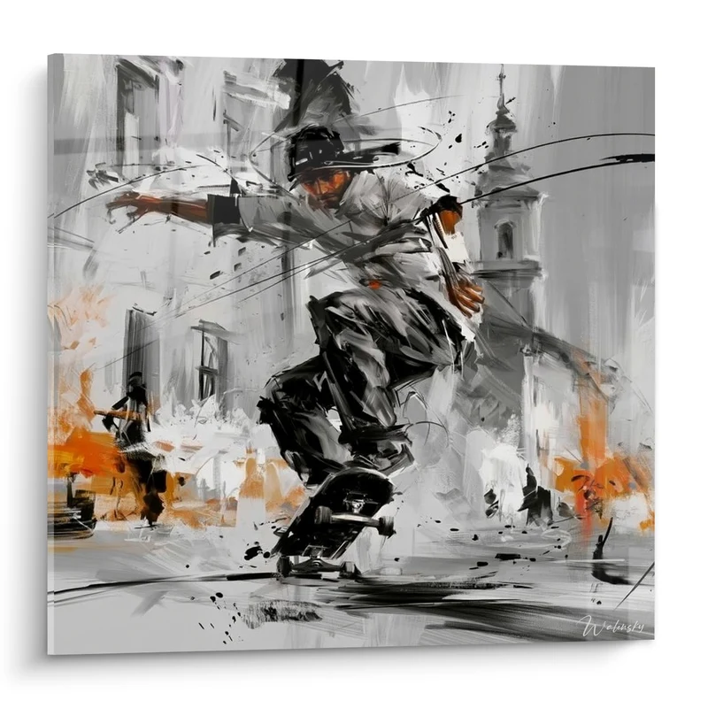 Tableau Skateur gris et orange en équilibre urbain - Élan urbain - Edition Skateboard