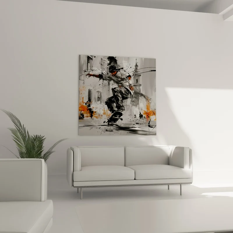 Tableau Skateur gris et orange en équilibre urbain - Élan urbain - Edition Skateboard