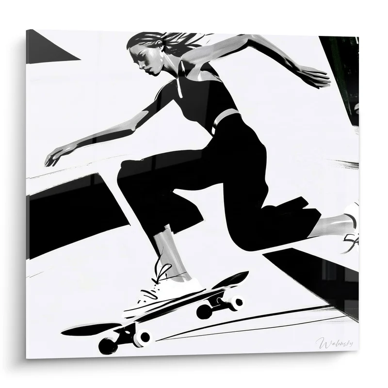 Tableau Skateuse noir et blanc en plein saut - Élan suspendu - Edition Skateboard