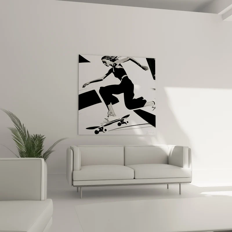 Tableau Skateuse noir et blanc en plein saut - Élan suspendu - Edition Skateboard