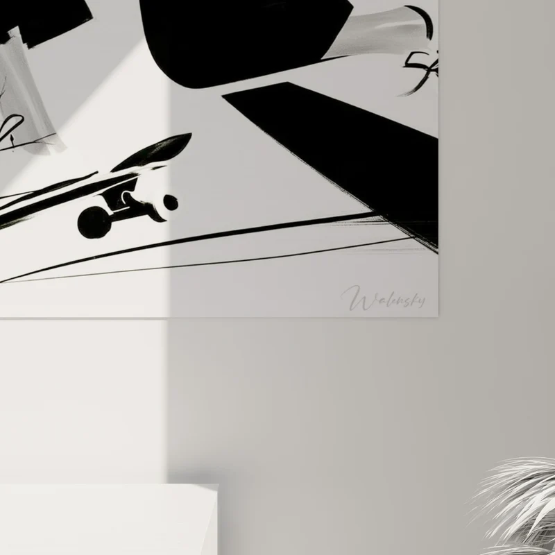 Tableau Skateuse noir et blanc en plein saut - Élan suspendu - Edition Skateboard
