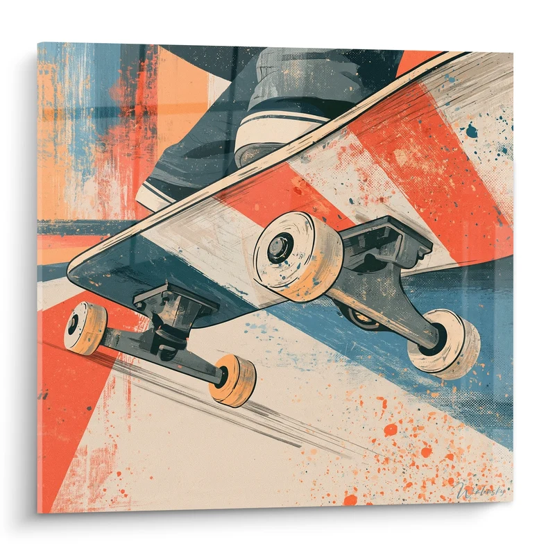 Tableau Skateboard renversé aux roues orangées - Envol figé - Edition Skateboard