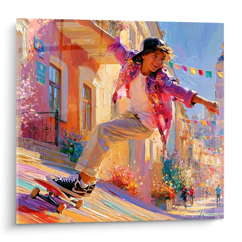 Tableau Jeune skateur veste violette rue ensoleillée - Envol citadin - Edition Skateboard
