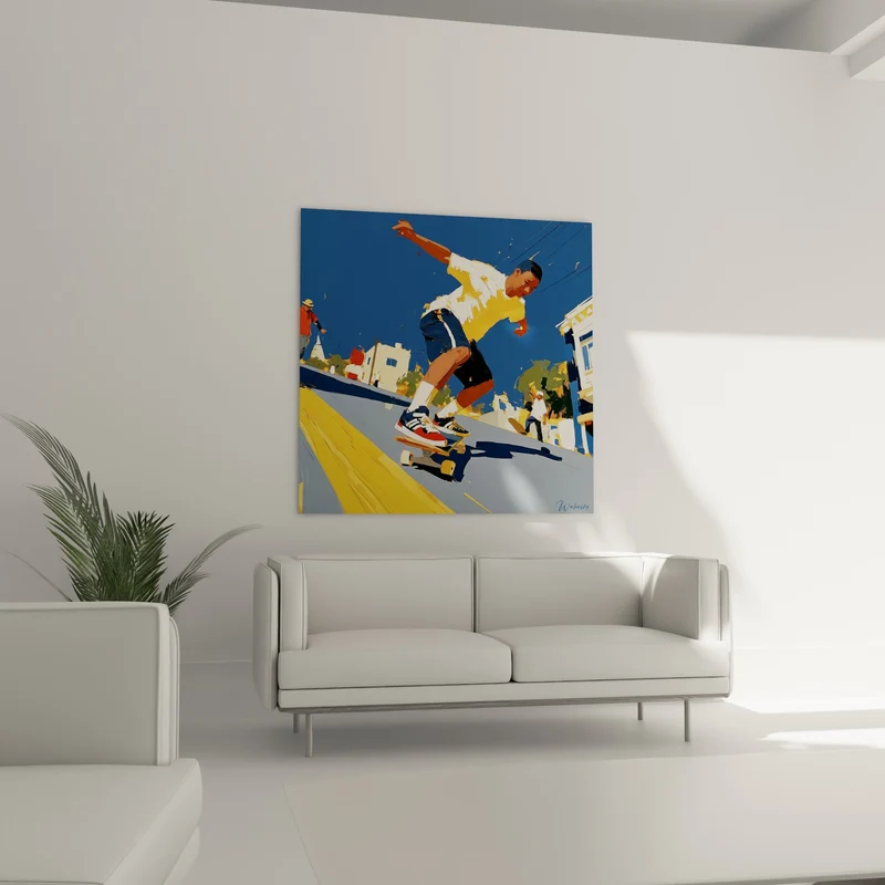 Tableau Skateur en saut de rue jaune bleu - Envol de rue - Edition Skateboard