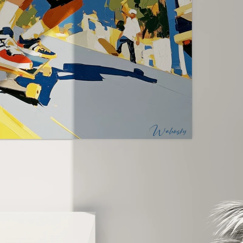 Tableau Skateur en saut de rue jaune bleu - Envol de rue - Edition Skateboard