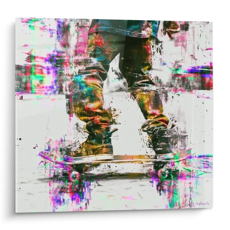 Tableau Skateur jambes glitch rose turquoise - Instant suspendu - Edition Skateboard