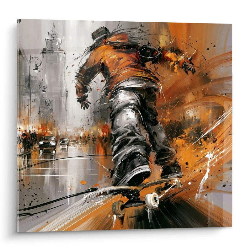 Tableau Skateur orange et gris en pleine ville - Vitesse urbaine - Edition Skateboard